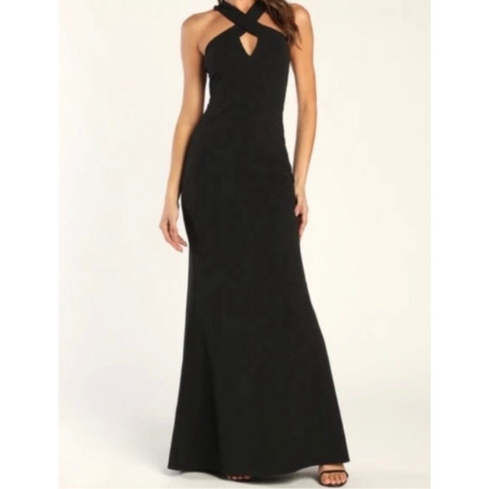 Lulus Enchanting Cross Neck Mermaid Maxi Dress Women's Medium Black